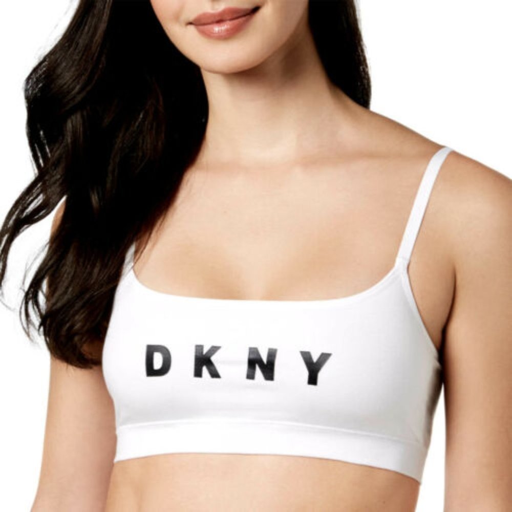 DKNY White Black Adjustable Straps Womens Logo Sports Bra Top NEW XL Yoga